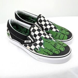 Vans Slip-On Sneakers Black White Green Checkerboard Graphic